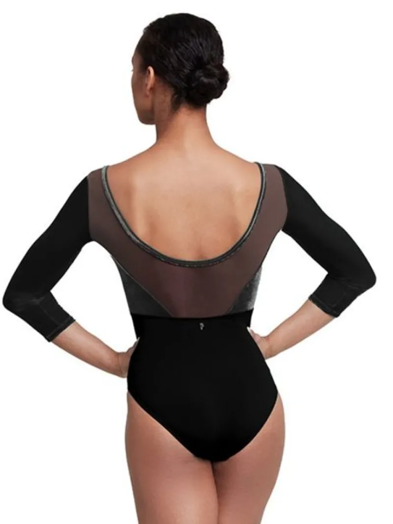 bloch_sort_dragt_med__rme_1.webp Dansebutikken Bloch sort dragt med 3/4 ærmer og velour>Dame Dragter Damer | Balletdragter Damer