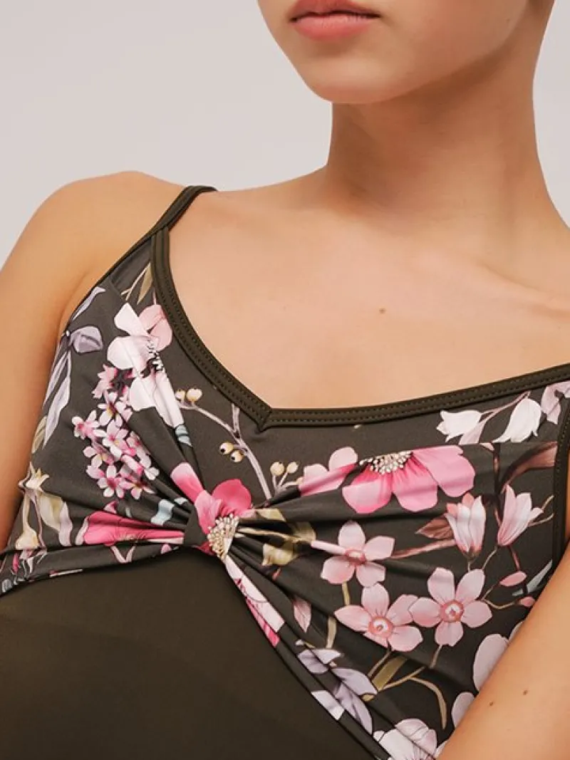 grishko_brun_dragt_med_sm_1.webp Dansebutikken Grishko brun dragt med smukt blomster print og stropper>Dame Balletdragter Damer