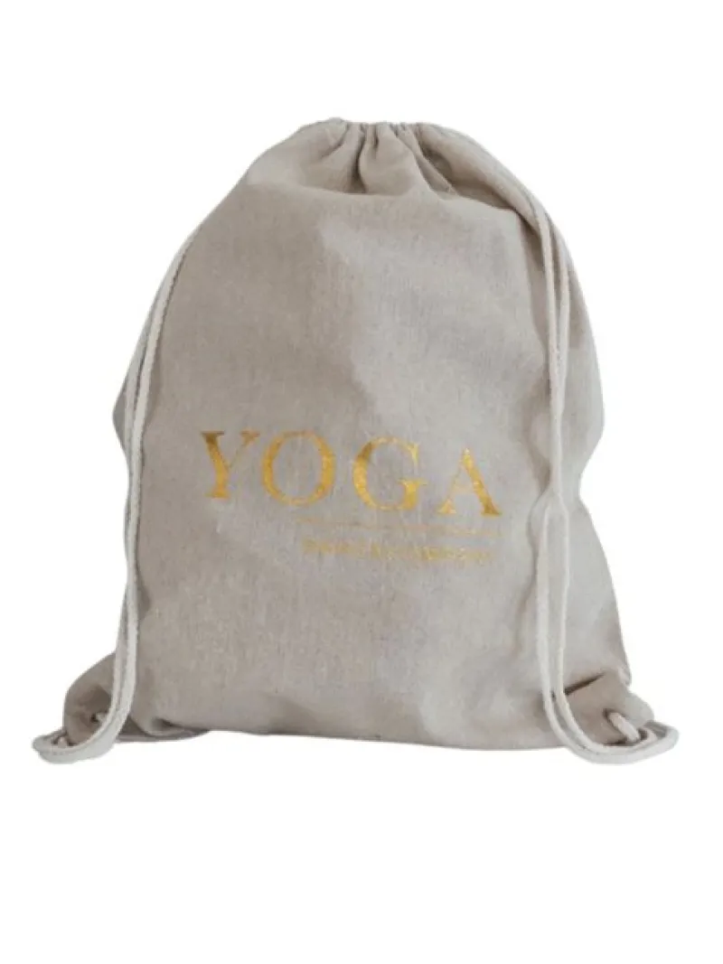 hr_rygskmulepose_med_guld_2-3.webp Dansebutikken Hør rygsæk/mulepose med guld YOGA skrift> Tasker Til Yoga