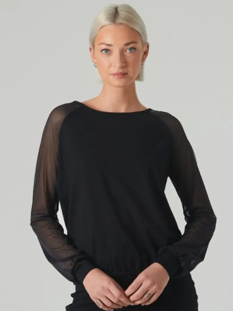 sort_danse_bluse_med_lang_0.webp Dansebutikken Sort danse bluse med lange chiffon ærmer>Dame Danseoverdele Damer